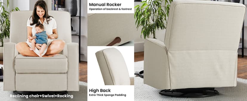 Harkawon Swivel Rocker Recliner Chair, Glider Rocker Recliner, Rocking Chair Nursery, Fabric Chair with High Back, Deep Seat, for Living Room, Bedroom, Beige