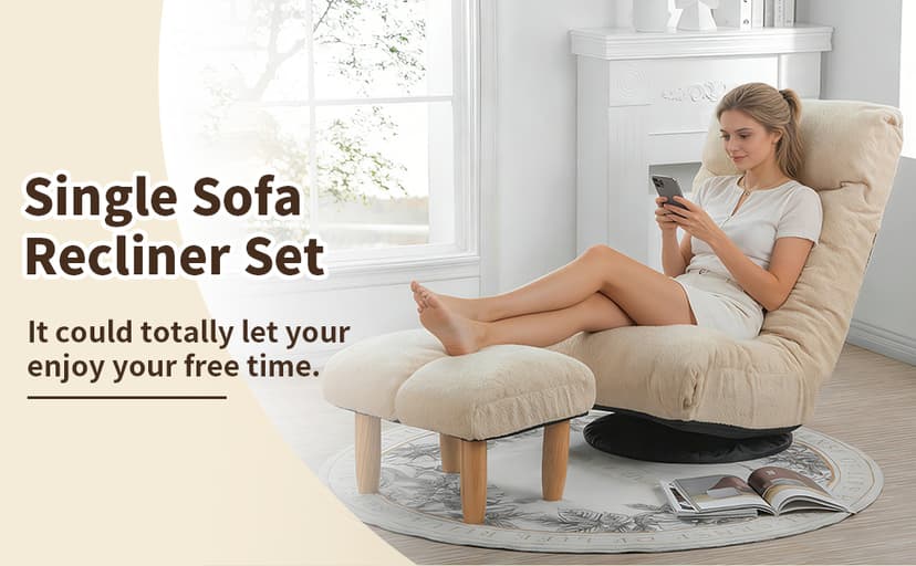 Swivel Lazy Floor Chair with Ottoman, Adjustable Reclining Floor Lounger with Back Support, Comfy Tatami Sofa Seat for Adults Bedroom & Gaming