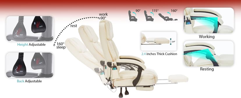 Massage Office Chair with Foot Rest 6 Points Vibration and Heat Home Office Desk Chairs for Heavy People 400lbs Reclining Managerial Chairs Ergonomic Executive Chair (Cream)