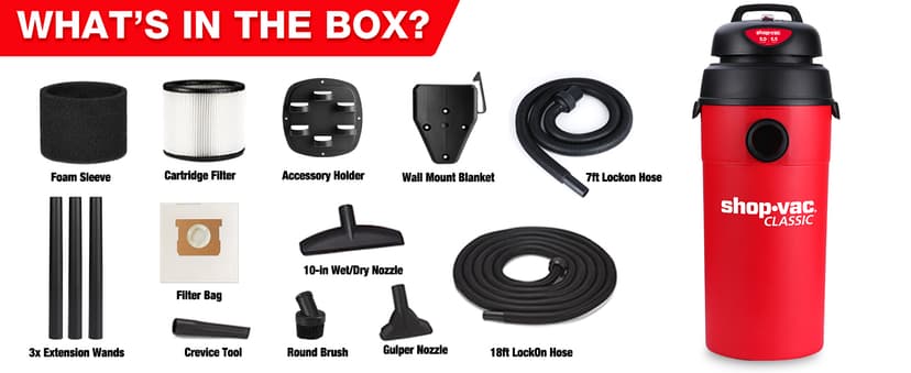 Shop-Vac 5 Gallon 5.5 Peak HP Wet/Dry Vacuum, Wall Mountable Compact Shop Vacuum with 18+7Ft Long Hose & Attachments, Ideal for Jobsite, Garage, Car & Workshop. 9522236