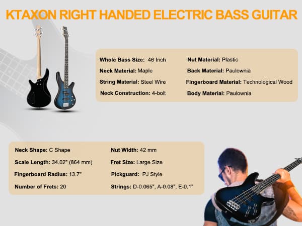 Ktaxon 4 String Electric Bass Guitar, Full Size Standard Right Handed Rosewood Fingerboard Beginner Kit with Cable Wrench Tool (Lake Blue)