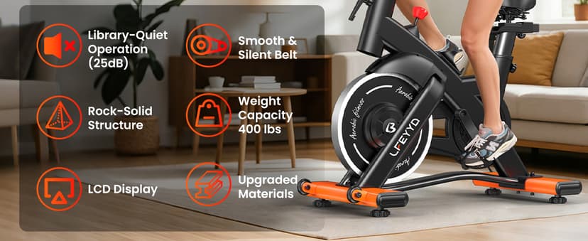 Exercise Bike for Home, Quiet Adjustable Magnetic Stationary Bike for Home Cardio with App Compatible, Spin Bike with 400 lbs Capacity, Spinning Bike with Heart Rate Monitor,Comfort Seat/Alloy Pedals/LCD Monitor