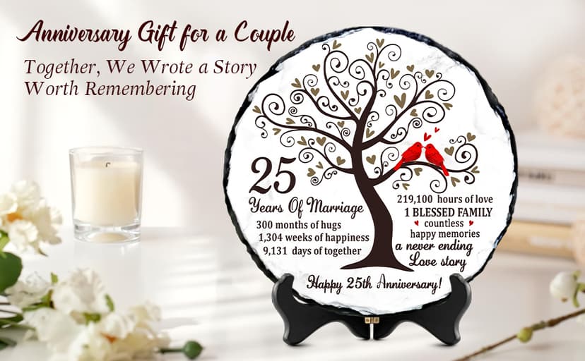 25th Wedding Anniversary Slate Sign – Silver Anniversary Wedding Gifts for Parents, Grandparents or Couple – Elegant 5.9 Inches Plaque – 25 Years of Marriage Celebration Decoration