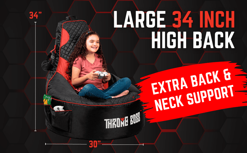 Throne Boss Gaming Bean Bag Chair Cover for Kids with High Back, Blue – Gamer Chair for Kids with 2 x Large Side Pockets, Headphone Hanger, Easy to Clean Fabric, Requires 200 Liters Polystyrene Beans