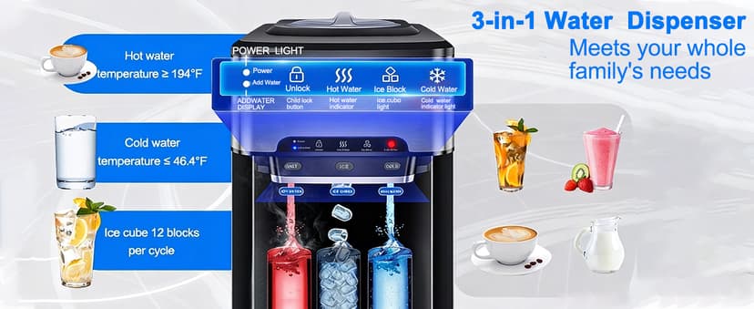 NUNET 3 - in - 1 Ice Maker, Water Dispenser & Water Cooler - Water Line Fill w/ 10ft Hose (1/2" & 1/4" Connector) - Hot/Cold Water - 44 lbs Ice Daily, 4lb Ice Storage