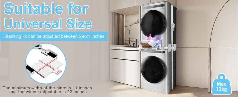 Kiss Core Washer Dryer Stacking Kit, Universal Washer Dryer Stacking Kit with Pull-Out Sliding Plate, Adjustable 29"-21" Stacking Kit for Washer and Dryer with Ratchet Strap