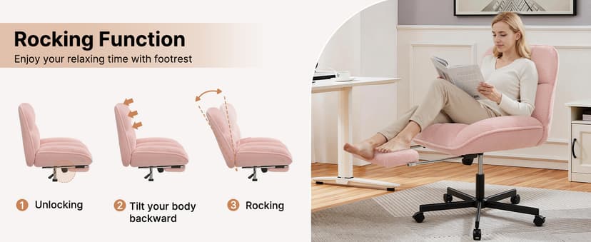 Criss Cross Office Chair with Foot Rest, Thick Cushioned Cross Legged Office Chair, Armless Wide Seat Reclining Desk Chair, Height Adjustable Criss Cross Chair for Home Office,Vanity, Pink