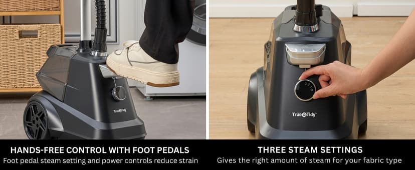 True & Tidy® Heavy-Duty Commercial Industrial Standing Garment Steamer for Clothes, 1800 watts, XL 3L water tank 90+ mins of Steam 3 Steam Settings, Step On/Off Control, Wheels for Easy Movement