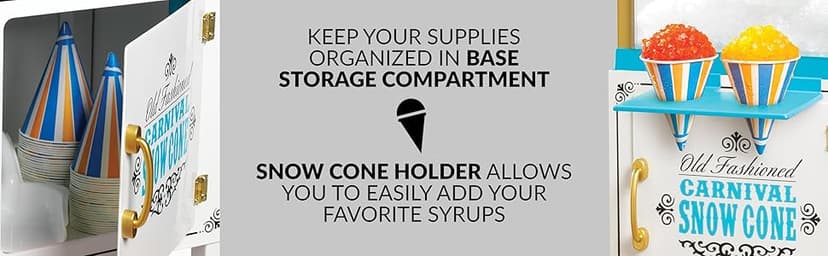 Nostalgia Snow Cone Shaved Ice Machine - Retro Cart Slushie Machine Makes 48 Icy Treats - Includes Metal Scoop, Storage Compartment, Wheels for Easy Mobility - White, Blue