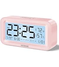 KESHIDE Digital Alarm Clock Battery Operated with Indoor Temperature, Desk Small Clock,Snooze Model,12/24H Display for Bedrooms Heavy Sleepers Kids Travel Bathroom (Black)
