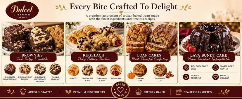Dulcet Gift Basket - Beautiful Designed Box with Magnetic Closing Clasp - Gift Basket with Freshly Baked Gourmet Goods Each Individually Wrapped - Personalized Notes Included.