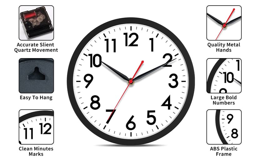 AKCISOT 12 Inch Wall Clock Silent Non-Ticking Modern Wall Clocks Battery Operated - Analog Classic Clock for Office, Home, Bathroom, Kitchen, Bedroom, School, Living Room(Black)