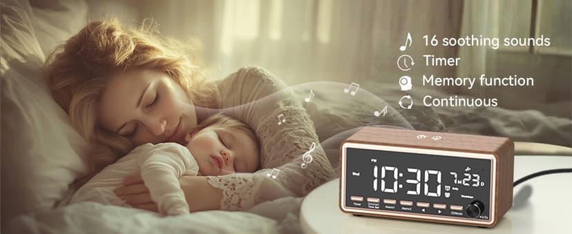 Digital Alarm Clocks Radio for Bedrooms,FM Radio & White Noise Sound Machine with Timer,Bluetooth Speaker,Dual Alarm Clock with Wireless Charging,Dimmable Big LED Display,Holiday Gifts for Men Women