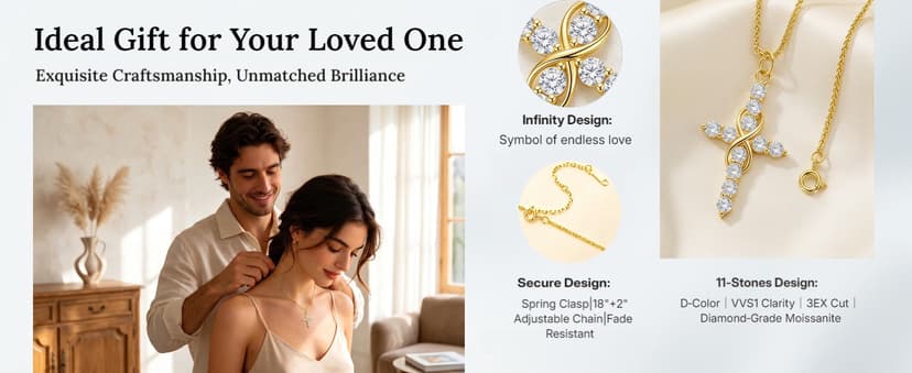 11 Round Moissanites,D-VVS1,Gifts for Christian Women,Religious Faith Jewelry|Anniversary Birthday Gifts for Wife Her w/LED Infinity Moissanite Cross Necklace for Women|S925 18K Gold Filled B0GVN8C6P5