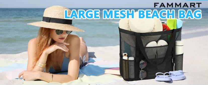 Fammart Mesh Beach Bag, Large Beach Tote with Zipper Pocket, Toys Pool Bag for Family Travel Vacation Cruise Essentials
