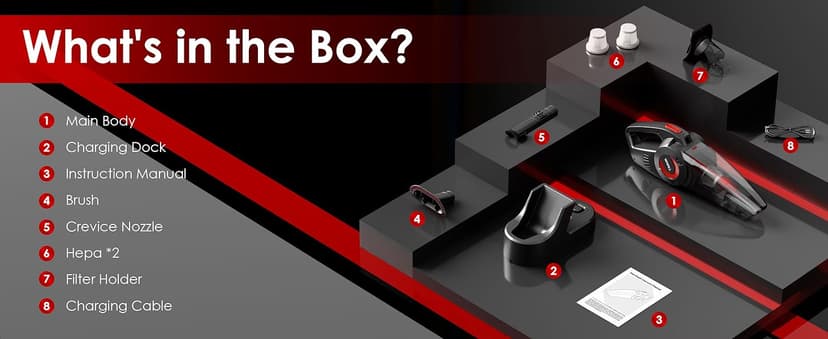 whall Handheld Cordless Car Vacuums, Wet and Dry Use 9000Pa Strong Suction Vacuums, Rechargeable Portable Vacuum Cleaner with LED, Charging Dock, Lightweight Mini Vacuum for Car, Home and Office, Red