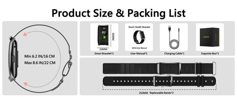 Smart Bracelet for Men Women, Health Activity Fitness Trackers, 24H Sleep Tracker, 24/7 Continuous Heart Rate/Blood Pressure/HRV/Stress Monitor, 170+ Sports Modes Smart Wristband with Free APP 2 Bands