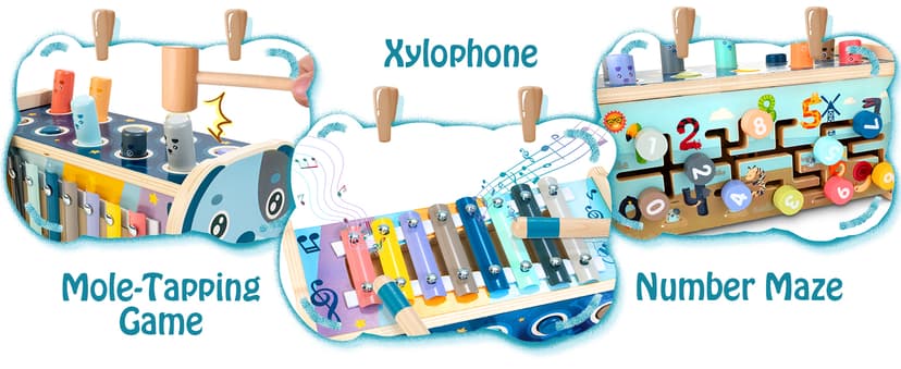 KIDWILL Montessori Pounding Toy for 1 2 Year Olds Wooden Hammering & Activity Board with Xylophone, Number Maze, Pounding Bench Educational Toddler Gift Toys Age 1-3