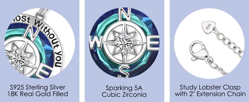 PAITAIN Compass Necklaces for Womens Jewelry for Wife Birthday Gift Ideas Wedding Anniversary Birthday Gifts for Her Gifts for Wife Sapphire Jewelry for Women, 18k Real Gold Filled S925 Sterling Silver Based