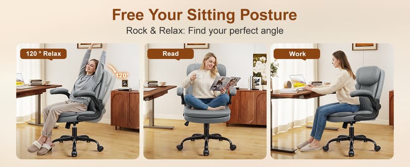 Leather Office Chair, Upgraded PU Computer Desk Chairs with Double-Layer Seat Cushion and Neckrest, 360°Swivel, Ergonomic Small Gaming Chair with Wheels and Adjustable Armrests for Short People, Grey
