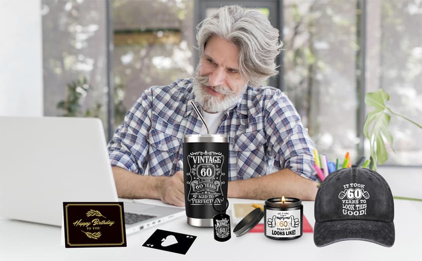 60th Birthday Gifts for Men - Unique Box with 20 Oz Tumbler, Scented Candle, Socks, Baseball Cap for Husband, Dad, Grandpa, Friends, Teachers, Boss