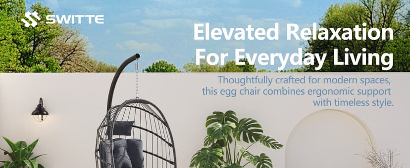 SWITTE Egg Chair Outdoor with Stand, Indoor Wicker Hanging Egg Swing Chair with Cushion, 350lbs Capacity for Patio, Bedroom, Garden - Dark Grey