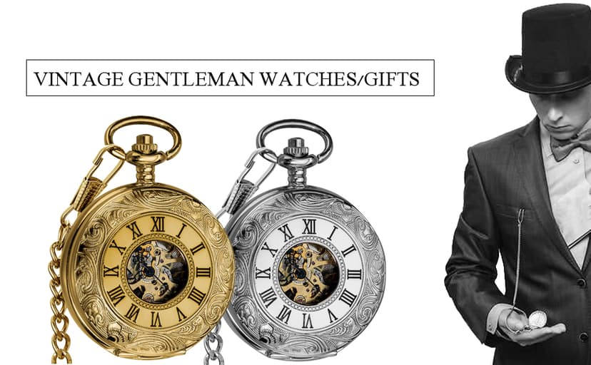 VIGOROSO Vintage Hand Wind Up Pocket Watches for Men, Mechanical Pocket Watch with Chain, Mens Skeleton Pocketwatch