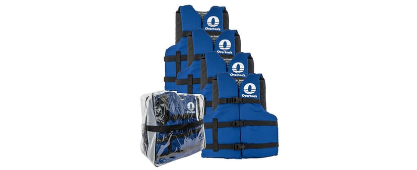 Overton's Universal Adult Life Jacket - Pack of 4, Nylon Shell with Closed-Cell Foam, Open Sides and Sturdy Belts, USCG Approved Type III, Fits Chest Sizes 30" to 52", Includes Zippered Storage Bag