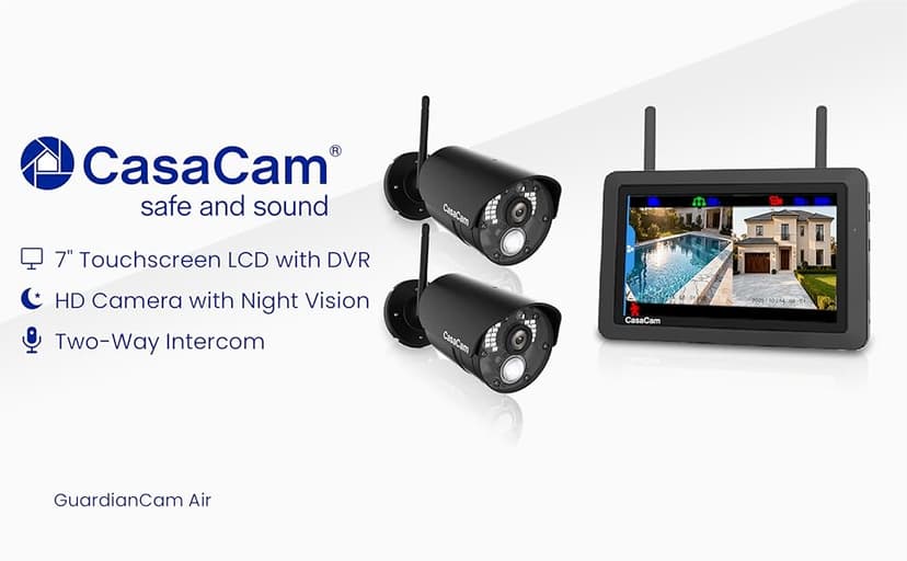CasaCam Wireless Security Camera System | 7" Touchscreen Monitor and 2 720p Cameras | AC Powered, No Monthly Fees, Two-Way Audio, Free APP, Micro SD Card and Battery Installed, GuardianCam Air VS802