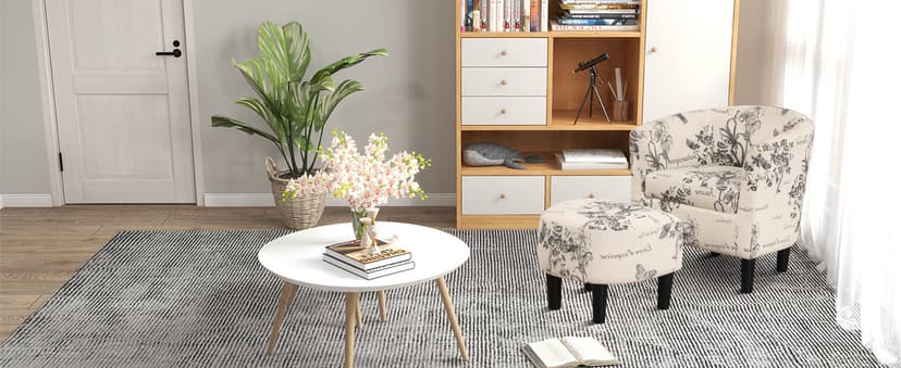 INZOY Modern Accent Chair with Ottoman for Small Space, Club Chair with Ottoman Set, Comfy Fabric Barrel Reading Chairs for Living Room Bedroom, Round Reading Chair with Foot Rest, Flower Pattern
