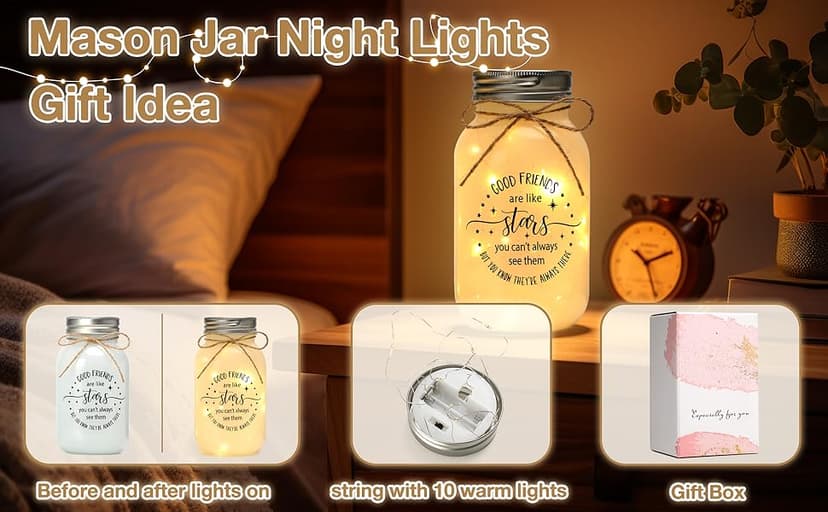 Maracco Christmas Best Friends Gifts for Women, Mason Jar Night Lights for Friend, BFF, Coworker, Friendship Gifts Friends Birthday Gifts for Women