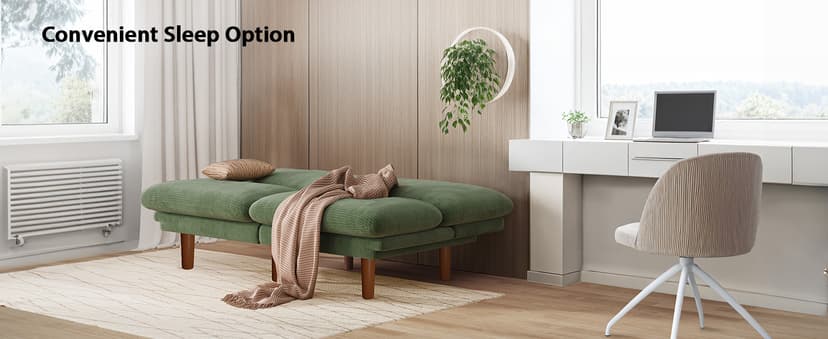 Pipishell 75" Futon Sofa Bed, Convertible Corduroy Space-Saver Couch with Adjustable Back & Armrests, Recliner Sleeper for Small Apartments, Office, Guest Room (Green) | Space-saver