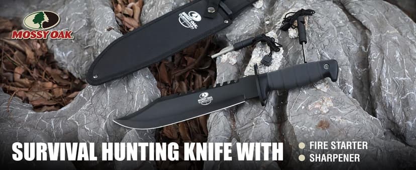 Mossy Oak Survival Hunting Knife with Sheath, 15-inch Fixed Blade Tactical Bowie Knife with Sharpener & Fire Starter for Camping, Outdoor, Bushcraft
