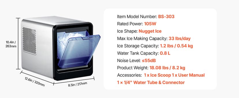 VEVOR Countertop Ice Maker, 33 lbs per Day, Self-Cleaning Portable Machine with Scoop, Drawer-Style Ice Access, Nugget Ice-Making Machine with Chewable ICES for Home, Kitchen, Office, Bar & Party