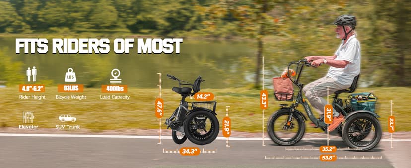 T300 Adults Electric Trike Bike, 1200W Peak Motor & 624Wh Removable Battery,18x3.0 Fat Tire Foldable 3-Wheel E-Bike with Step-Thru Design, Up to 65 Miles, Gift for Parents