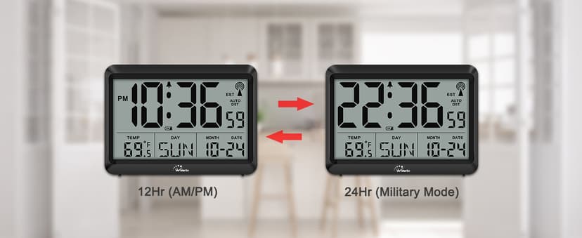 WallarGe Atomic Digital Wall Clock Battery Operated, Self-Setting, Large Display with Temperature, Date, Day of The Week, Silent Wall Mount Digital Clock, 4 Time Zones, DST