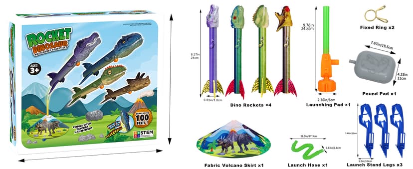 Dinosaur Toy Rocket Launcher for Kids - Launch Up to 100 Ft, 4 Rockets, Outdoor Outside Toys for Kids, Dinosaur Toys, Birthday Gifts for 3 4 5 6 7 8-12 Year Old Boys Girls