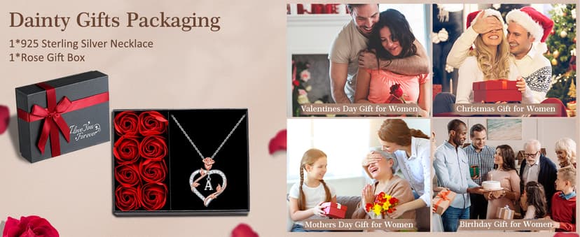 Iefil Rose Heart Necklaces Gifts for Women - 925 Sterling Silver Heart Initial Necklace, Anniversary Birthday Gifts for Women, Jewelry Gift for Wife Wife Girlfriend Mom