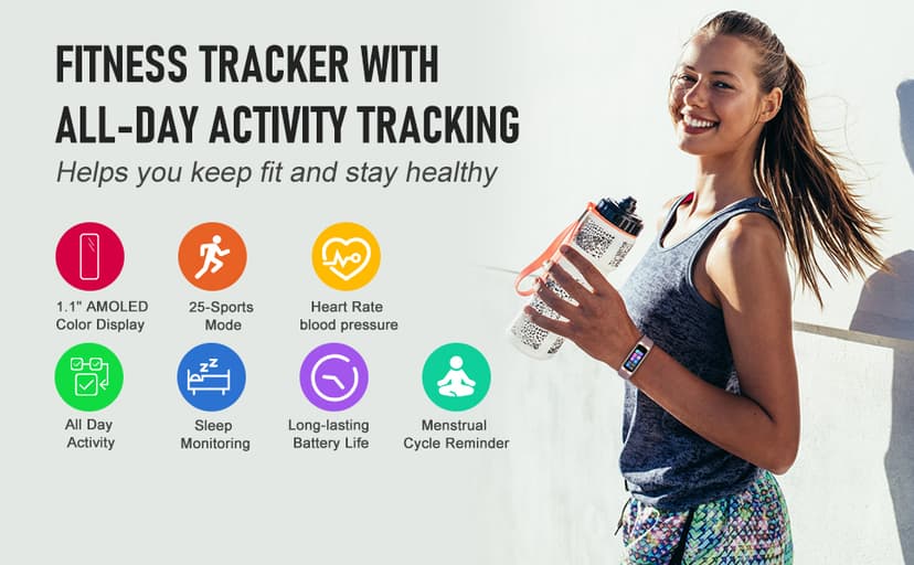 Fitness Tracker with 24/7 Heart Rate Blood Oxygen Sleep Monitor, 1.1" AMOLED Touch Screen Activity Tracker Smart Watches, IP68 Waterproof Step Counter Pedometer for Women Men