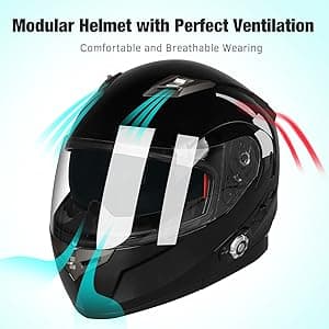 FreedConn BM2-S Bluetooth Motorcycle Helmet, Flip-Up Modular Motorbike Helmet, 500M Connectivity for 2-3 Riders, Voice Dial, Hands-Free Call, MP3, FM, DOT Certified (Medium, Gloss Black)