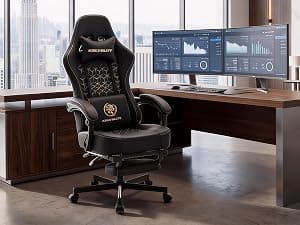 Gaming Chair Breathable Leather with Pocket Spring Cushion, Wide and High Ergonomic Office Chair with Headrest, Computer Gaming Chair with Footrest for Adult and Teen (Beige Leather)