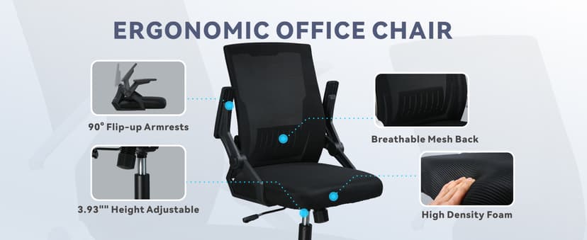 COMHOMA Office Chair with Flip-up Armrests Ergonomic Computer Desk Chair with Adaptive Lumbar Support & Breathable Mesh, Black