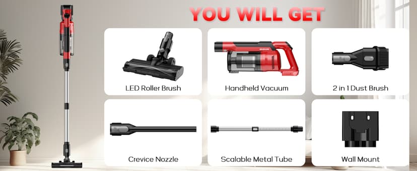 350W Cordless Vacuum Cleaner for Milwaukee M18 Battery, 35kPa Brushless Lightweight Stick Vacuum with 3 Mode Suction, 6 in 1 Stick Vacuum Cleaner with HEPA for Floor, Carpet, Car, Battery Not Included