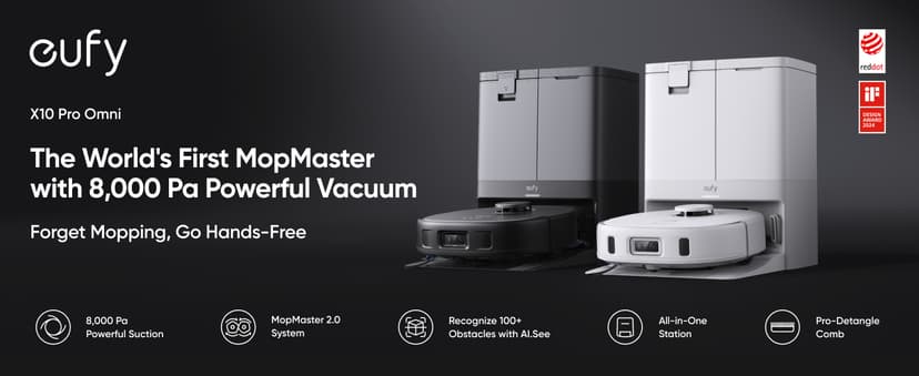 eufy X10 Pro Omni Robot Vacuum and Mop Combo, Incredible Suction, Dual Mops with 12 mm Auto-Lift and Carpet Detection, AI Obstacle Avoidance, Auto Mop Washing&Drying, Self-Emptying, White