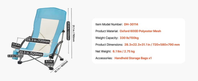 VEVOR Folding Beach Chair, High Back Camping Chairs for Adults, with Cup Pocket, Mesh Back, Carry Bag, Portable Extra Wide Seat Chair 330 lbs Heavy Duty Support, for Outdoor, Camp, Light Blue