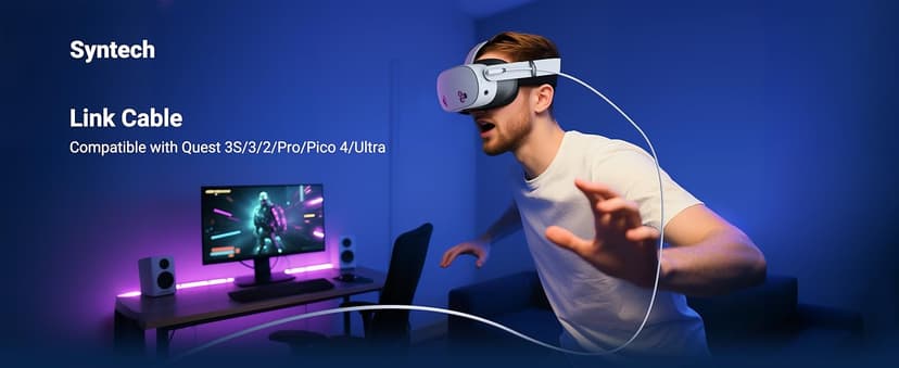 Syntech Link Cable 16FT for PCVR Compatible with Oculus/Quest 3/Meta Quest 3S, Quest2/Pro/Pico 4/Ultra Accessories and PC/SteamVR, High Speed PC Data Transfer, USB 3.0 to USB C Cable for VR Headset