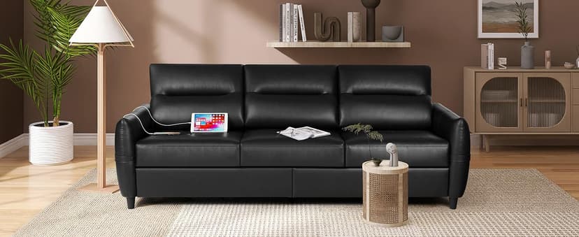 STHOUYN 85” Black Faux Leather Couch with USB, 3 Seater Sofa Couches for Living Room, Large Mid Century Modern Office Apartment Couch (Black)