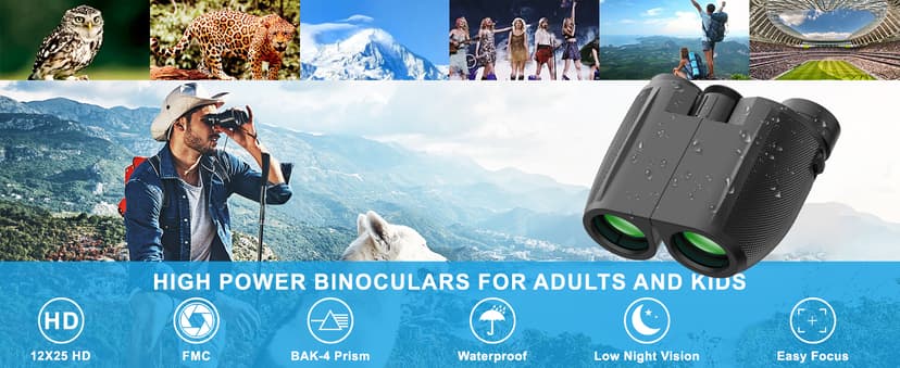 Binoculars 12x25 for Adults and Kids Compact Binocular Waterproof Binocular Wide Field of View for Bird Watching,Hiking,Hunting,Concert