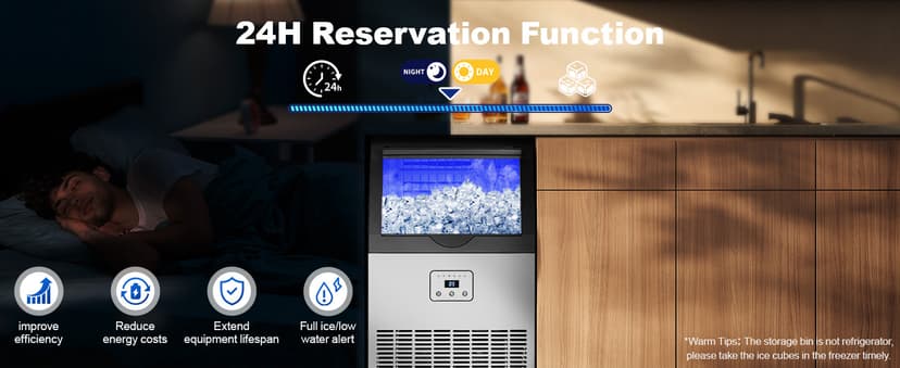 Amzgachfktch Commercial Ice Maker, 100lbs/24H Ice Maker Machine, Auto Self-Cleaning, LED Digital Display, Blue Light, Under Counter/Freestanding Ice Machine for Home/Office/Restaurant/Bar