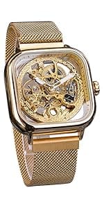 FORSINING Vintage Watch for Men Engraved Automatic Self-Wind Mechanical Big Dial Luminous Moon Phase Golden Hollow Tattoo Pattern Wrist Watches, Mechanical